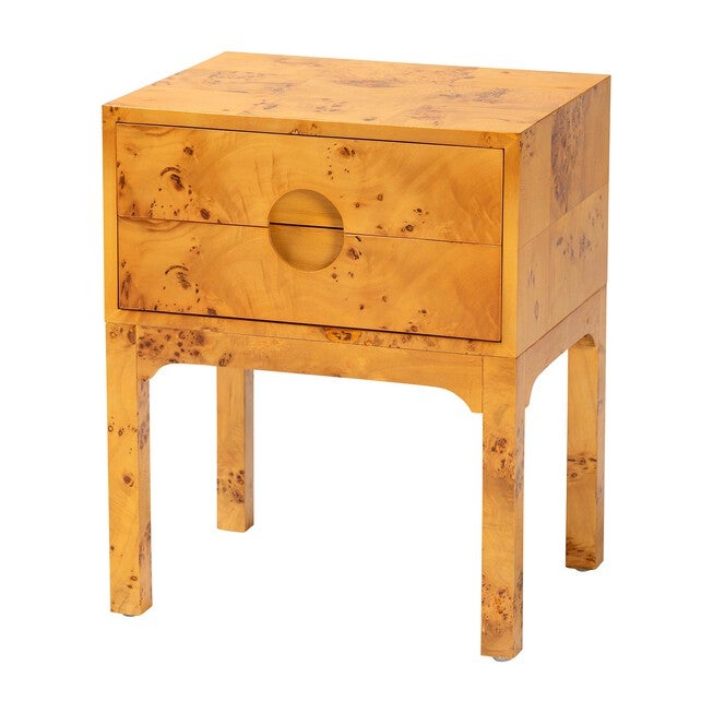 Kayla Modern and Contemporary Natural Light Mappa Real Burl Wood 2-Drawer Nightstand, LIGHT MAPPA BURL, alternate image number 1
