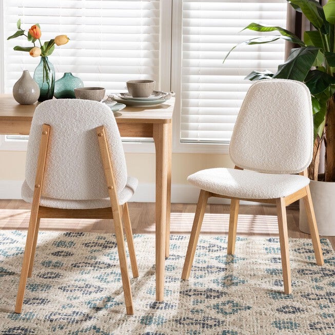 Hudson Boucle Upholstered Dining Chair Set of 2- Mid-Century Modern Side Chair with Solid Wood Frame and Rounded Backrest, WHITE, hi-res image number 0
