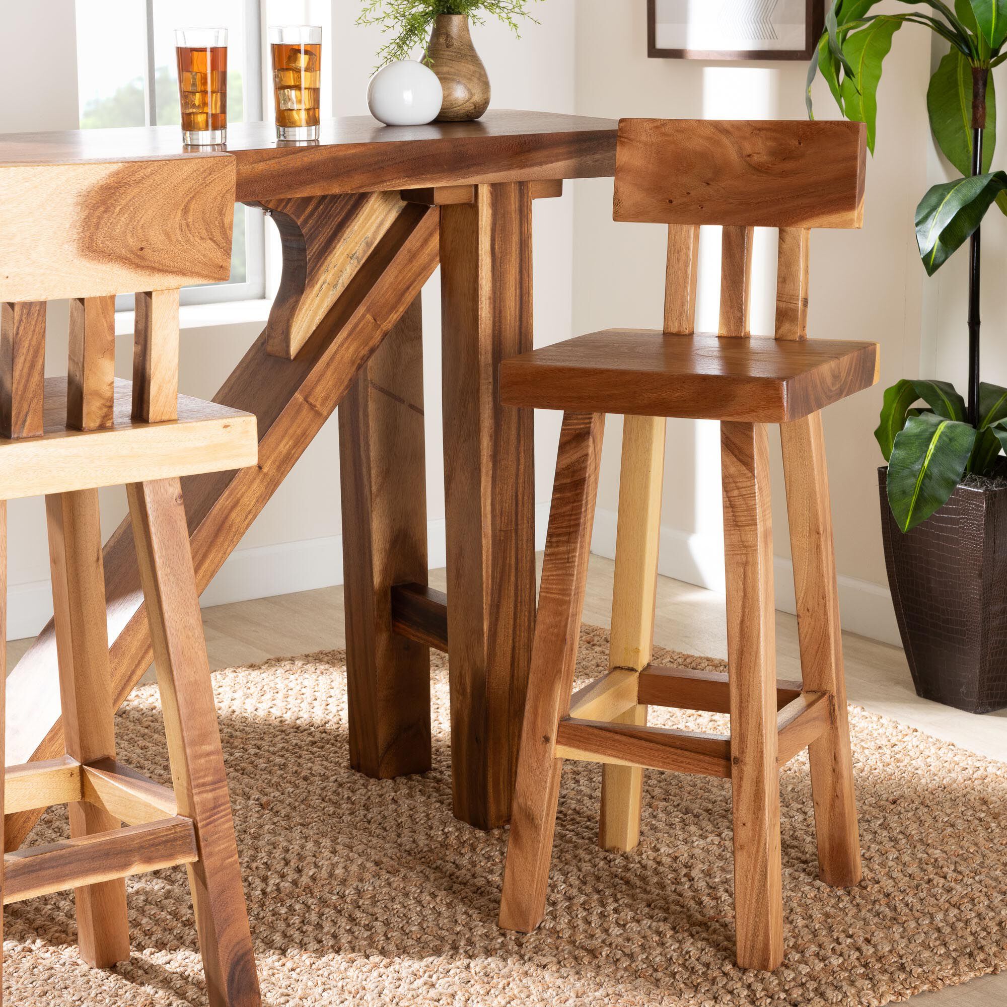 Luli Suar Wood Bar Stool - Handcrafted Solid Wood Stool with Backrest
