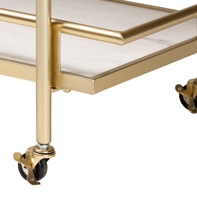 Louise Contemporary Glam And Luxe Gold Metal And White Marble 2-Tier Wine Cart, , alternate image number null