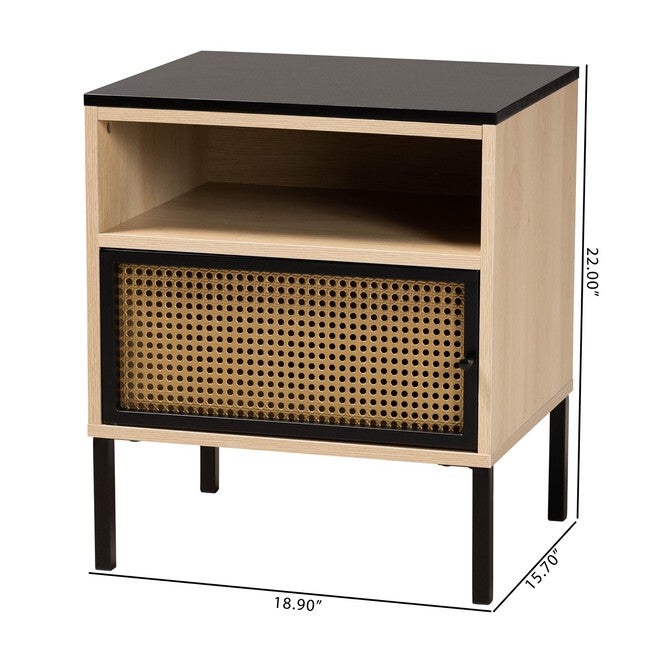 Felton Mid-Century Modern Two-Tone Black And Gold Metal And Light Brown Finished Wood 1-Door End Table, , alternate image number null