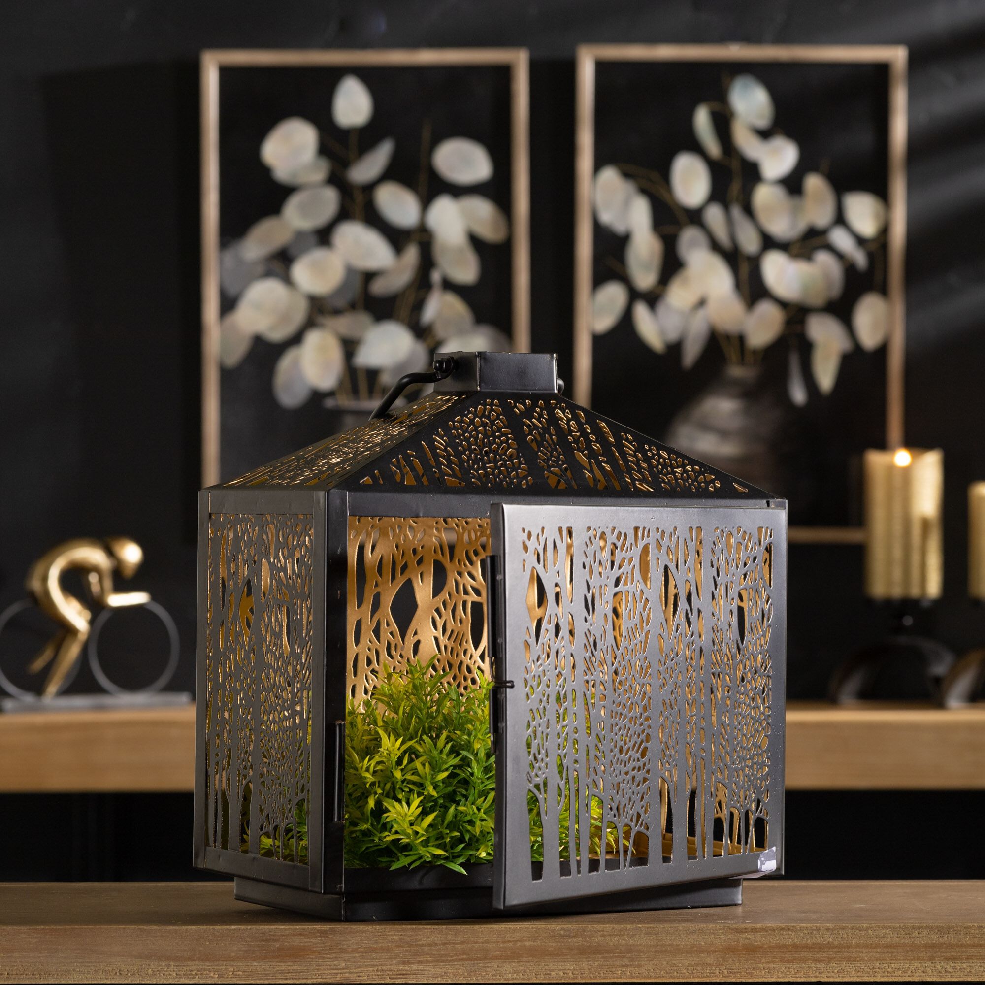 Forest Cut Metal Lantern with Gold Accent 12 inchesH, BLACK/GOLD, alternate image number 4