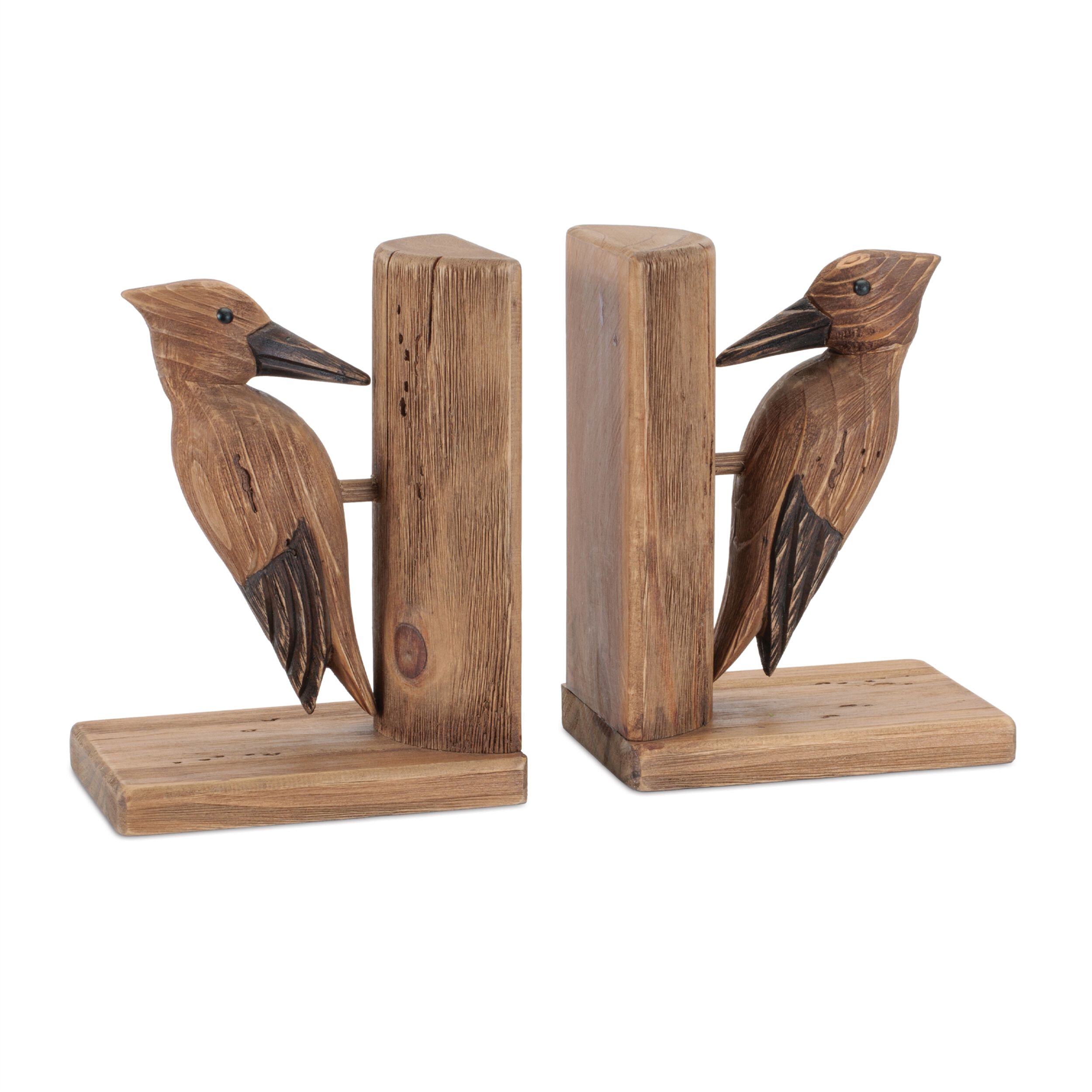Pine Wood Woodpecker Bird Bookend Set of 2, BROWN, hi-res image number 0