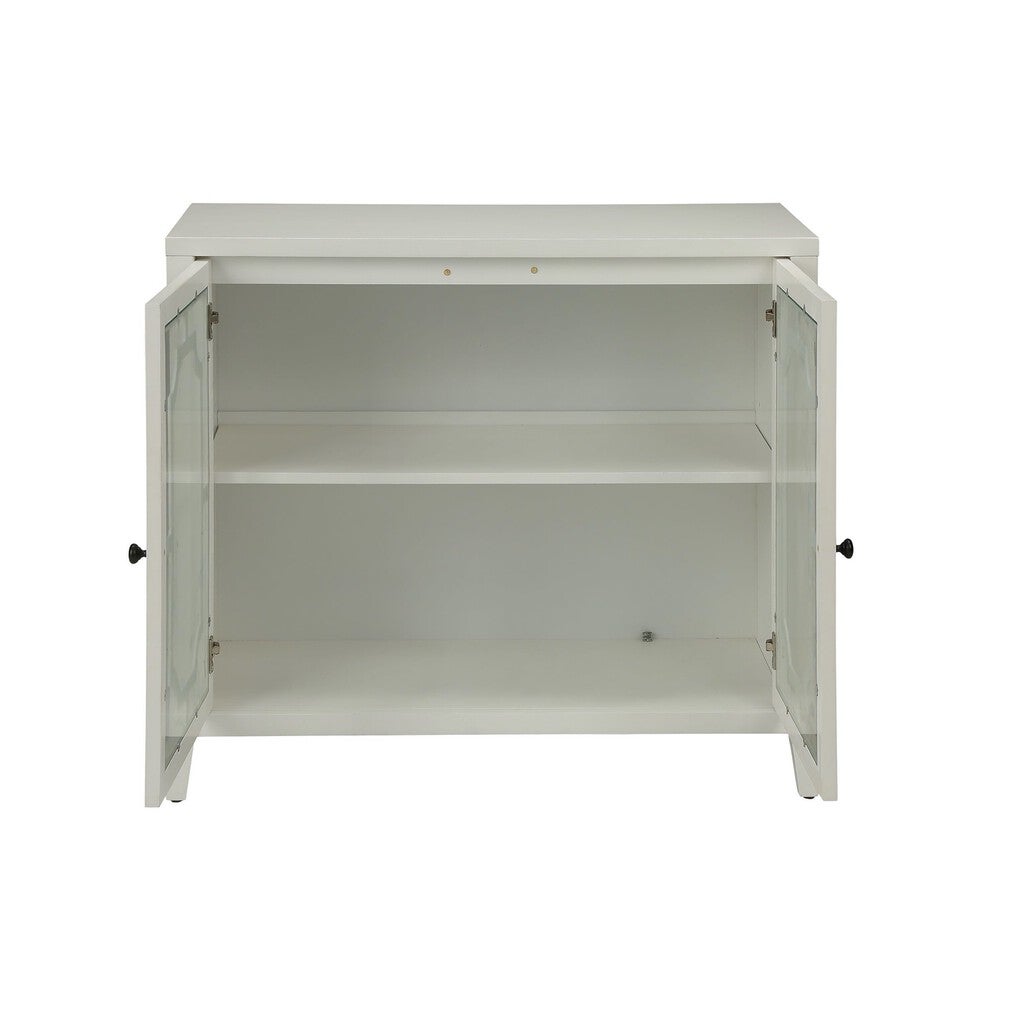 White console table with open doors showing interior shelves