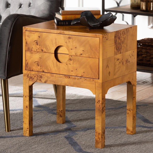 Kayla Modern and Contemporary Natural Light Mappa Real Burl Wood 2-Drawer Nightstand, LIGHT MAPPA BURL, hi-res image number 0