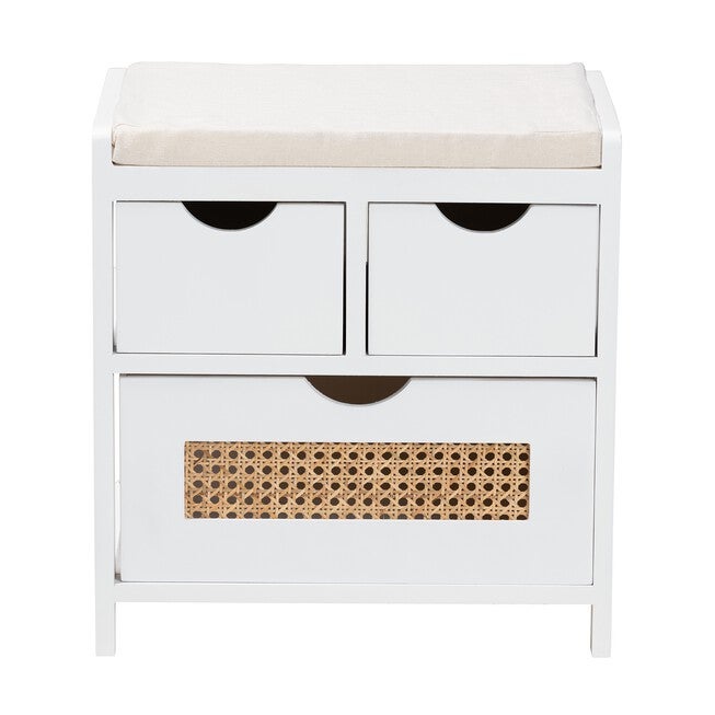 Bastian Modern And Contemporary Light Beige Fabric And White Finished Wood 3-Drawer Storage Bench With Natural Rattan, , alternate image number null