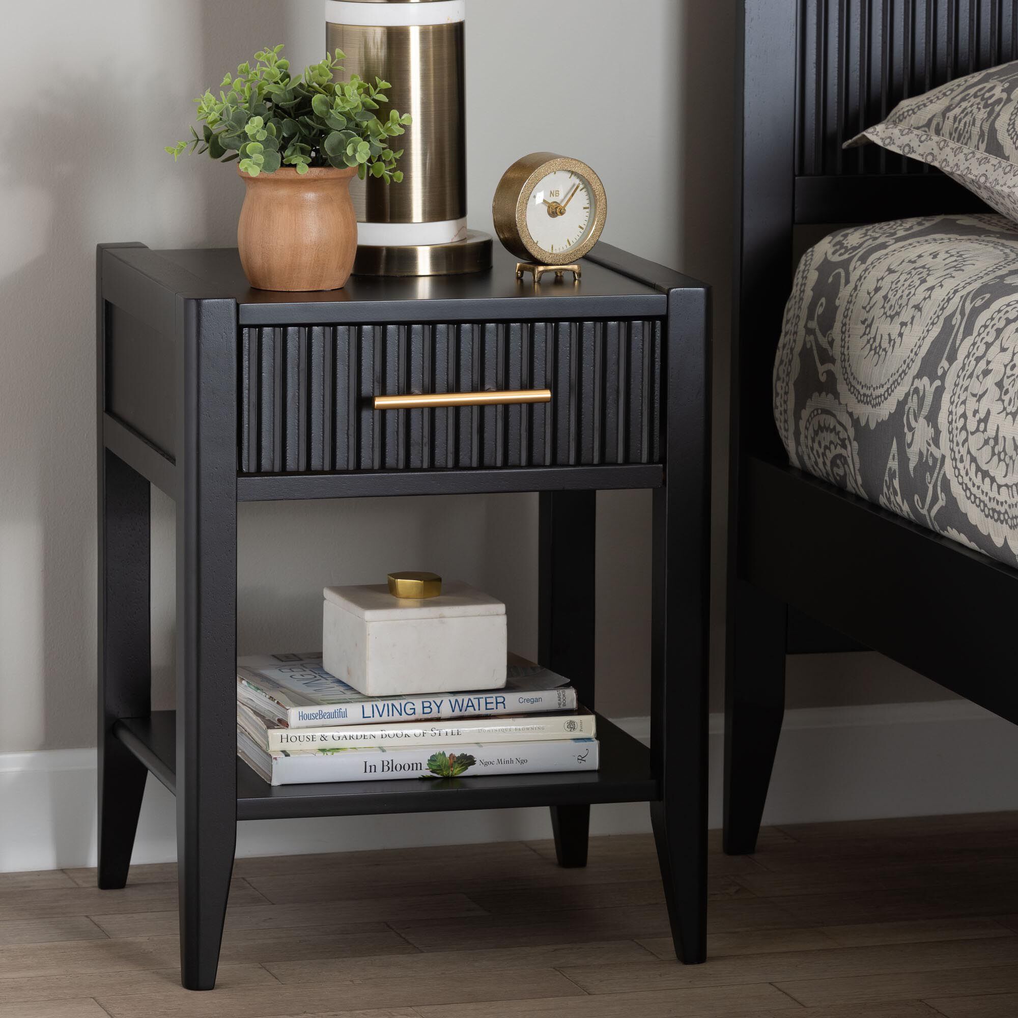 Primrose Mid-Century Black Fluted Wood 1-Drawer Nightstand, BLACK, hi-res image number 0