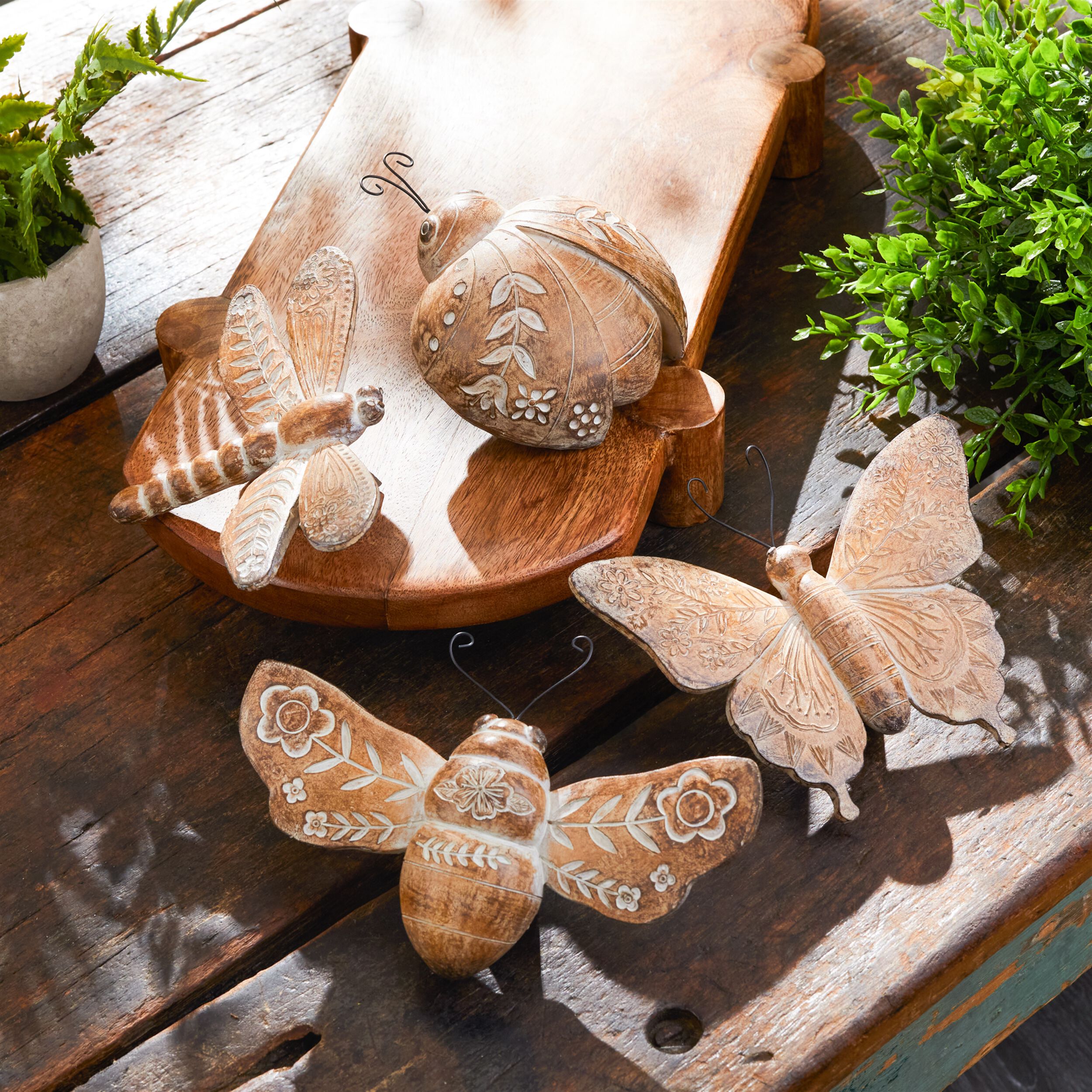 Floral Etched Insect Shelf Sitter Set of 4, BROWN, alternate image number 1