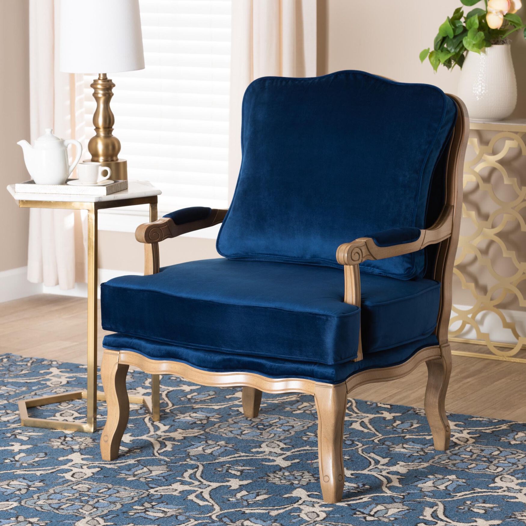 Jules Traditional Navy Blue Fabric And French Oak Brown Finished Wood Accent Chair, , alternate image number 7