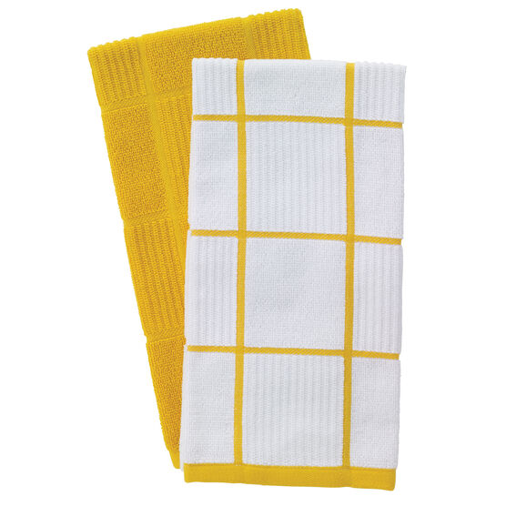 Solid And Check Parquet Kitchen Towel, Two Pack, LEMON, hi-res image number null