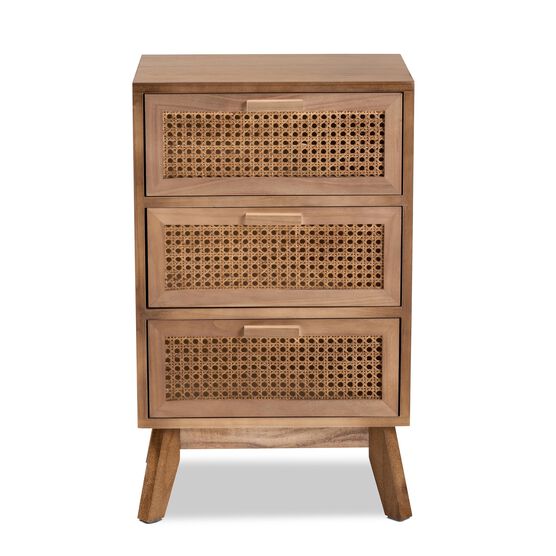 Baden Mid-Century Modern Walnut Brown Finished Wood 3-Drawer Nightstand With Rattan, , alternate image number null