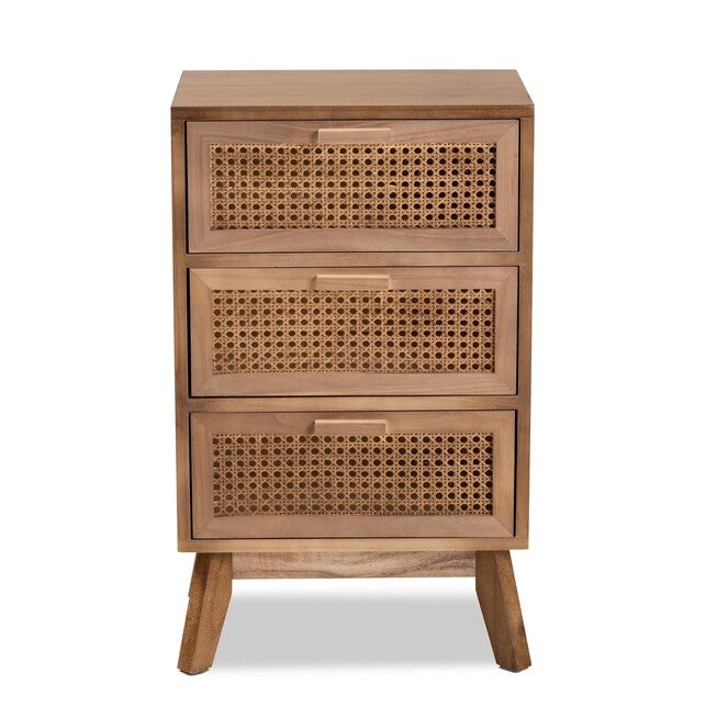 Baden Mid-Century Modern Walnut Brown Finished Wood 3-Drawer Nightstand With Rattan, , alternate image number 2