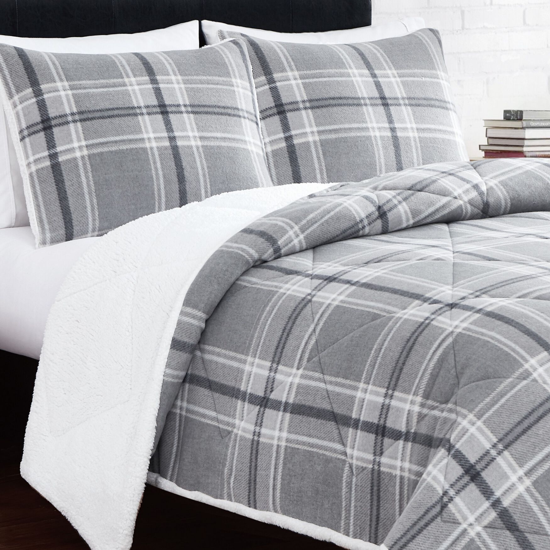 Cozy Teddy Plaid 3 Piece Comforter Set, , on-hover image number 1