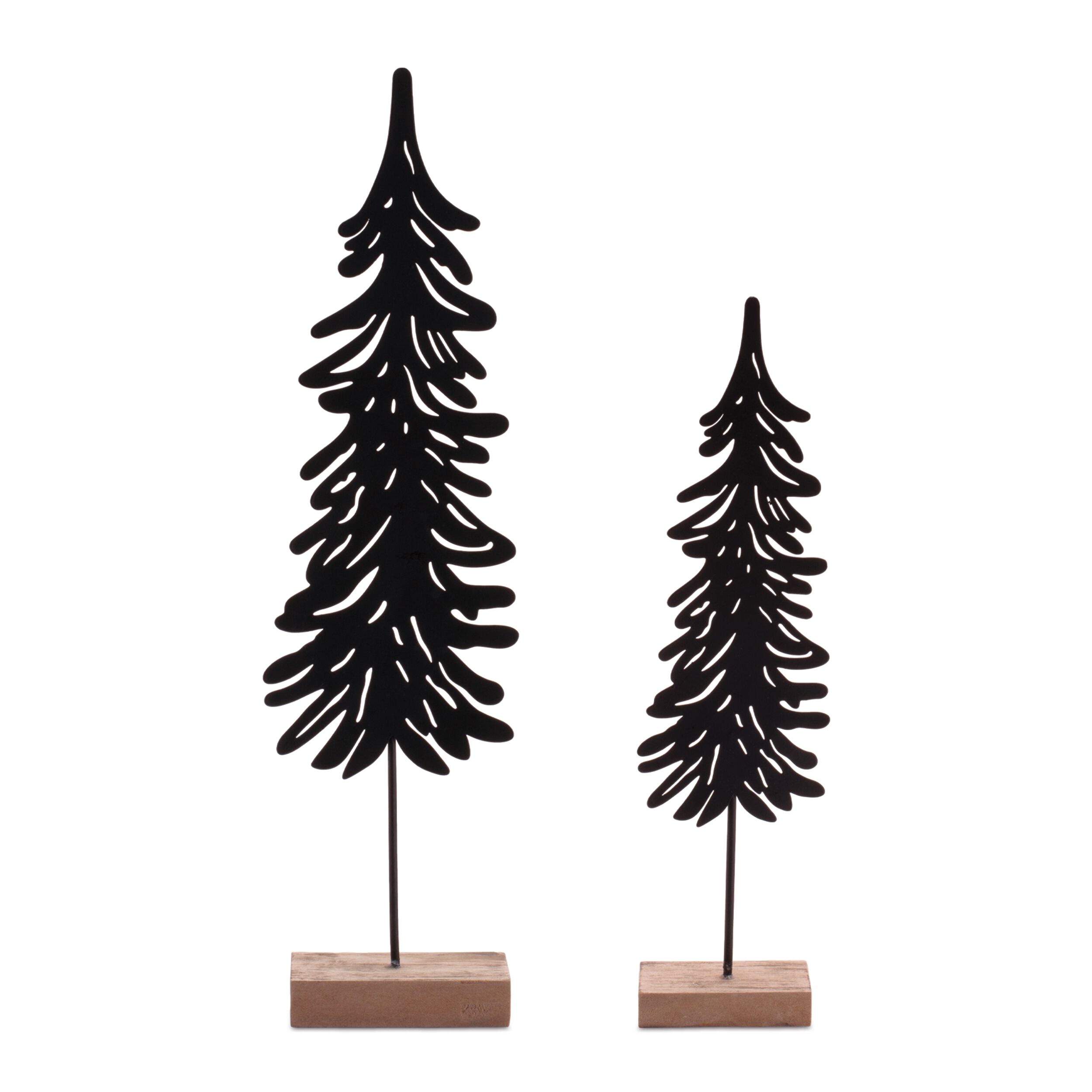 Cut-Out Metal Pine Tree with Wood Base (Set of 2), BLACK BROWN, hi-res image number 0
