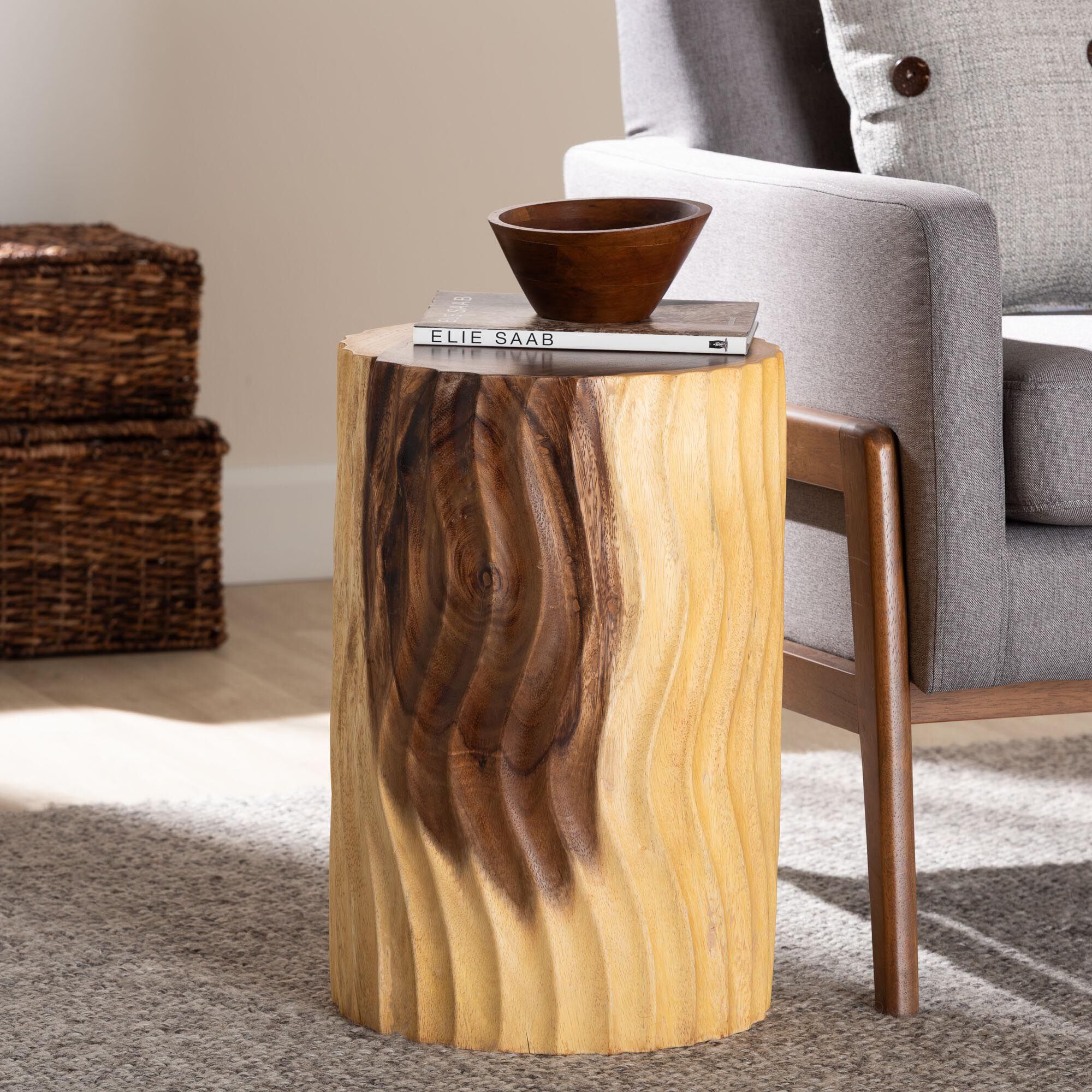 Fuchsia Hand-carved Suar Wood Side Table, NATURAL BROWN, hi-res image number 0