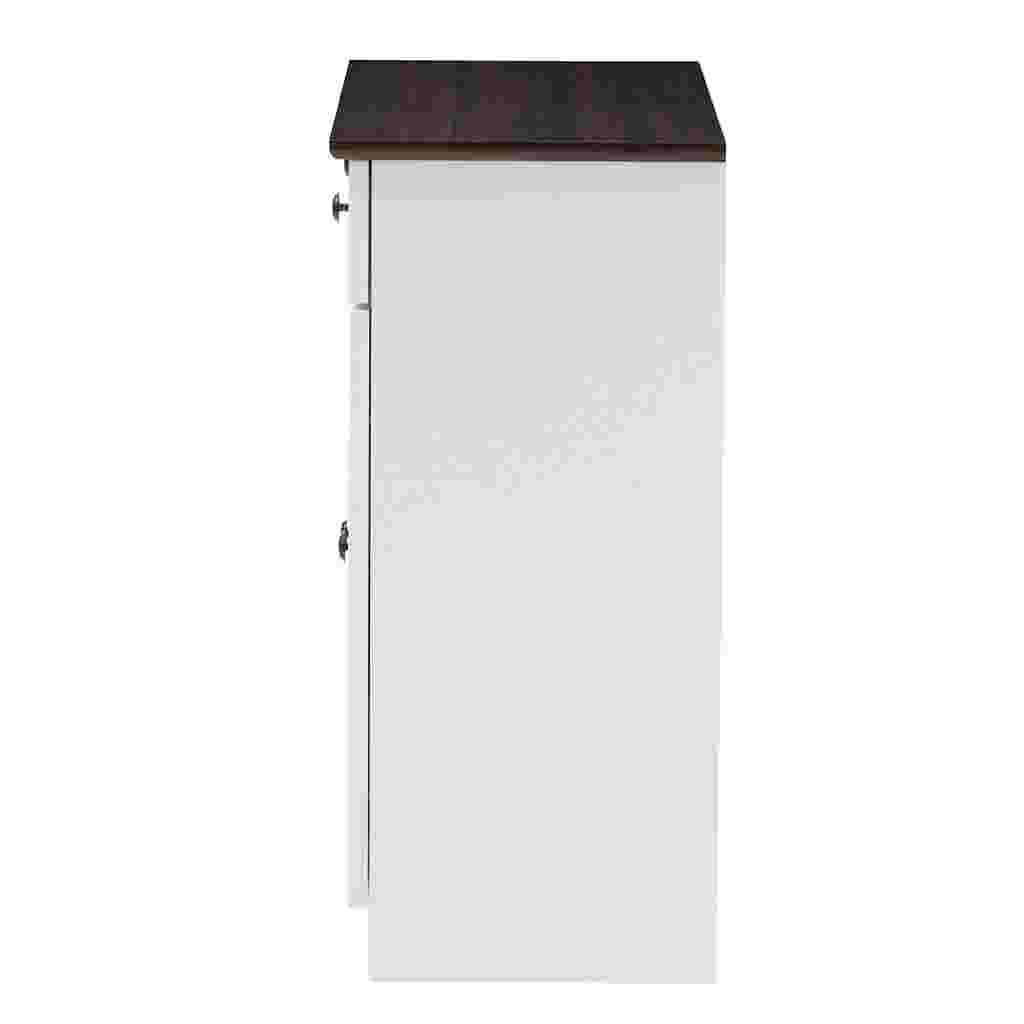 Side view of white kitchen cabinet with dark wood top