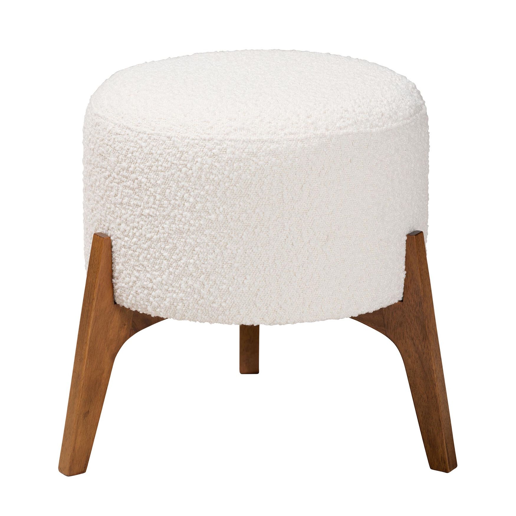 Elkie Japandi Cream Boucle Fabric And Walnut Brown Finished Wood Ottoman Footstool, , on-hover image number 1
