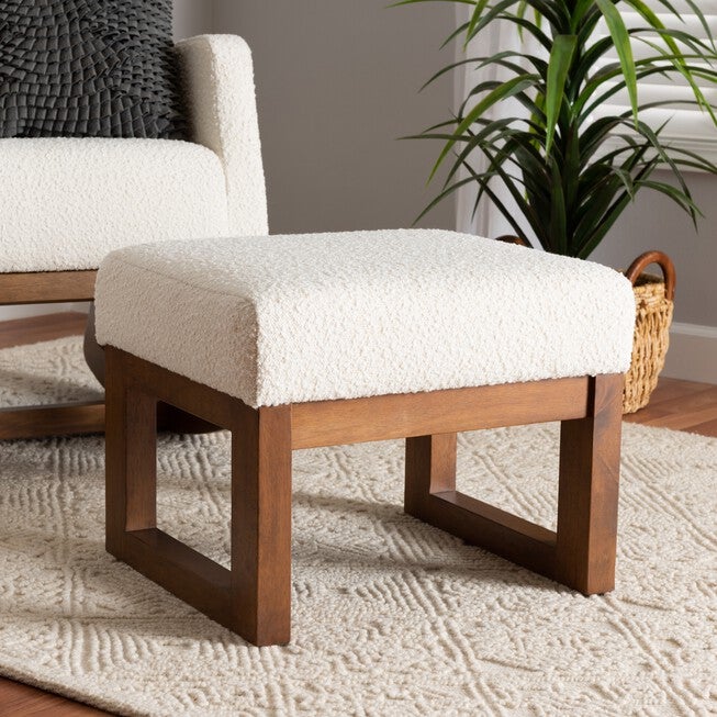Yashiya Mid-Century Modern Off-White Boucle Upholstered And Walnut Brown Finished Wood Ottoman Footstool, , alternate image number null