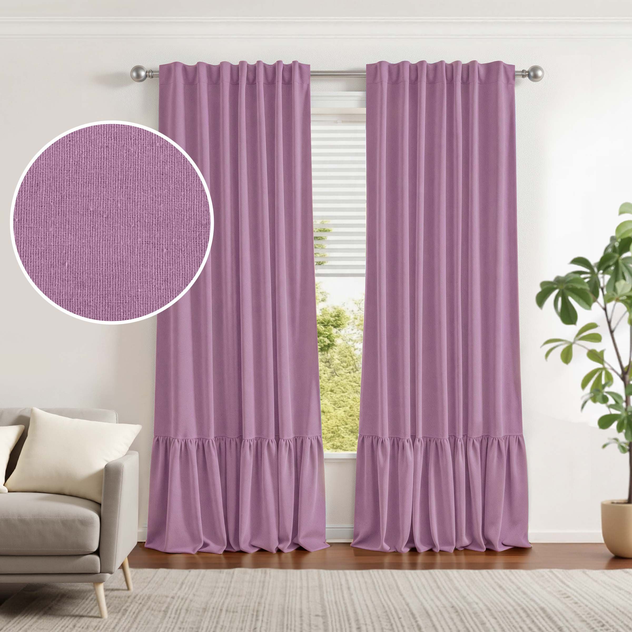 100% Blackout Recycled Cotton Ruffle Curtain Pair, BLEACHED MAUVE, hi-res image number 0