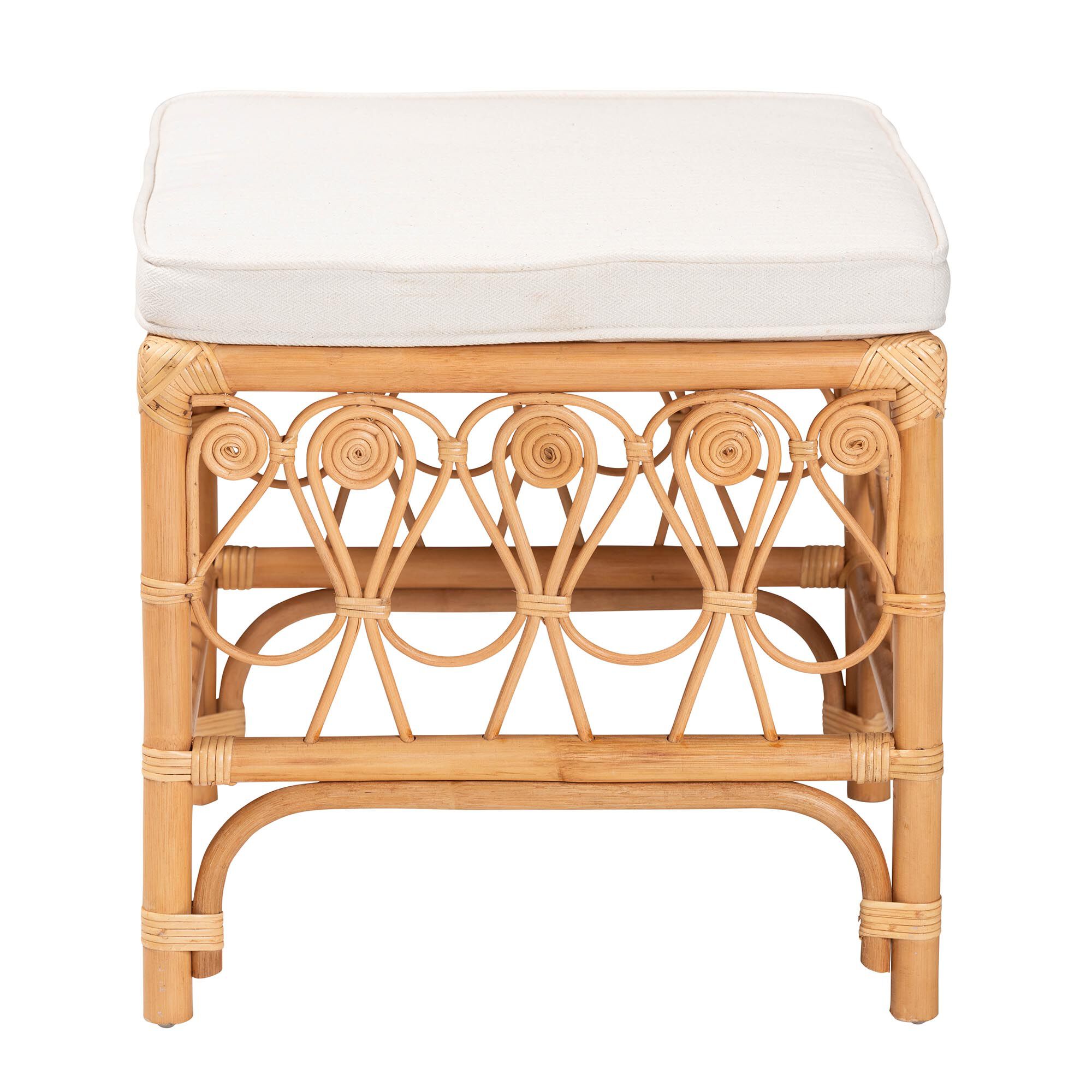 Ibiza Modern bohemian Natural Brown Rattan Footstool, WHITE, alternate image number 4