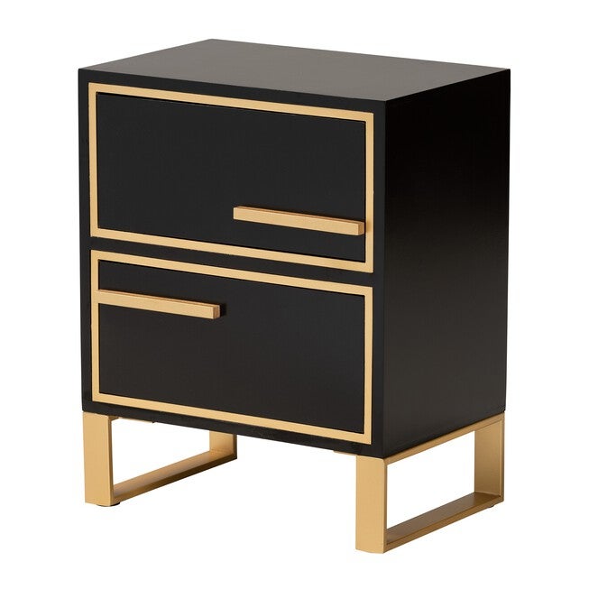 Giolla Contemporary Glam And Luxe Black Finished Wood And Gold Metal 2-Drawer Nightstand, BLACK GOLD, hi-res image number null