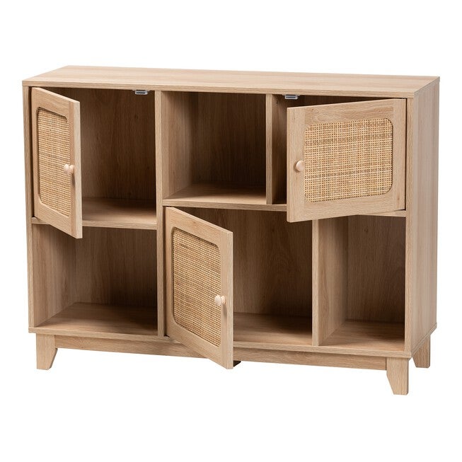 Elsbeth Mid-Century Modern Light Brown Finished Wood And Natural Rattan 3-Door Sideboard, , on-hover image number 1
