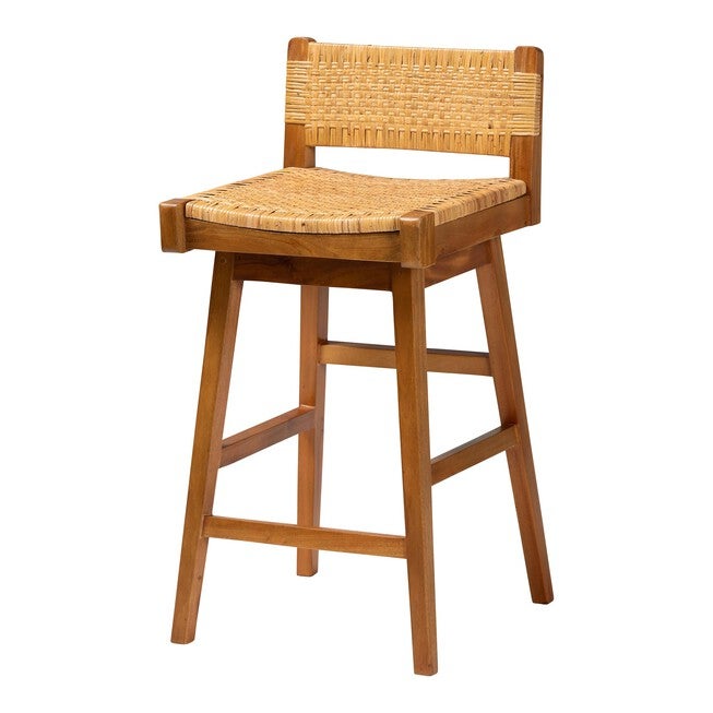 Asgart Bohemian Natural Rattan and Mahogany Wood Bar Stool, LIGHT, alternate image number 1
