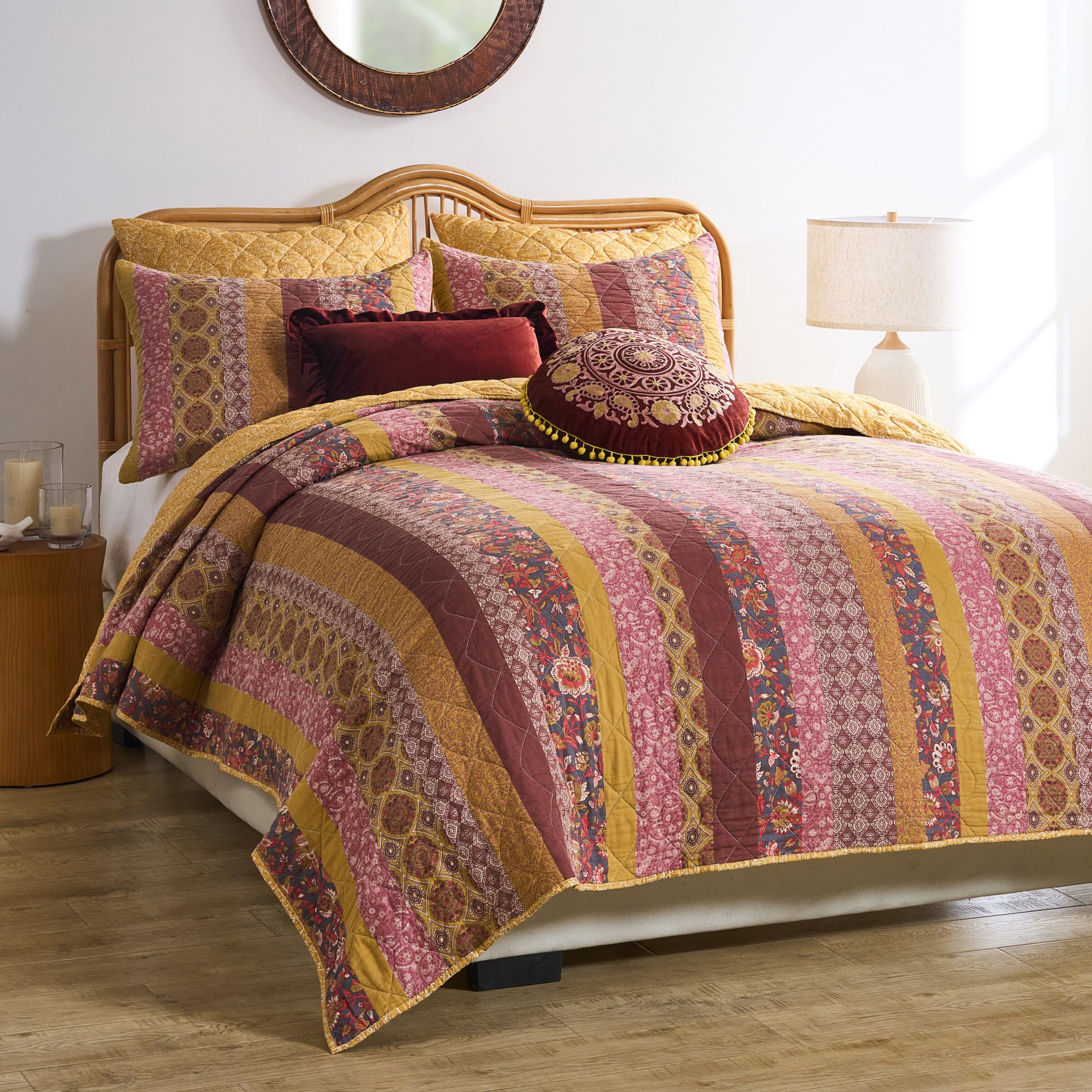 Marigold Vintage Floral Patchwork Finely Stitched Quilt Set, SUNSET, hi-res image number 0
