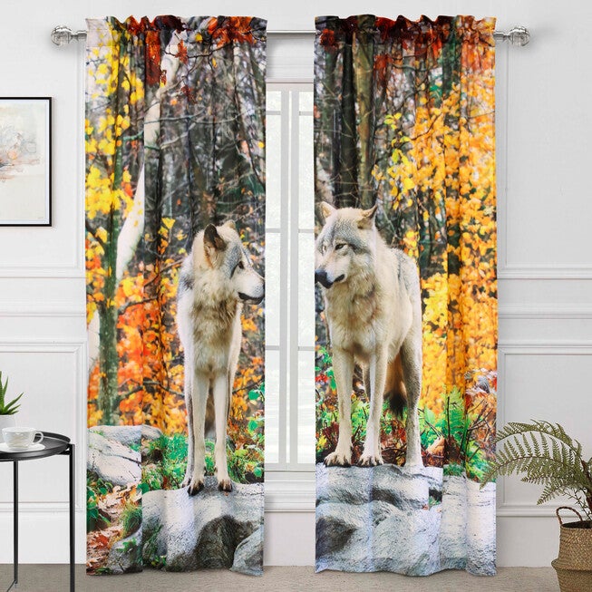 Photo Real Wolves Light Filtering Pole Top Curtain Panel Pair, MULTI, hi-res image number null