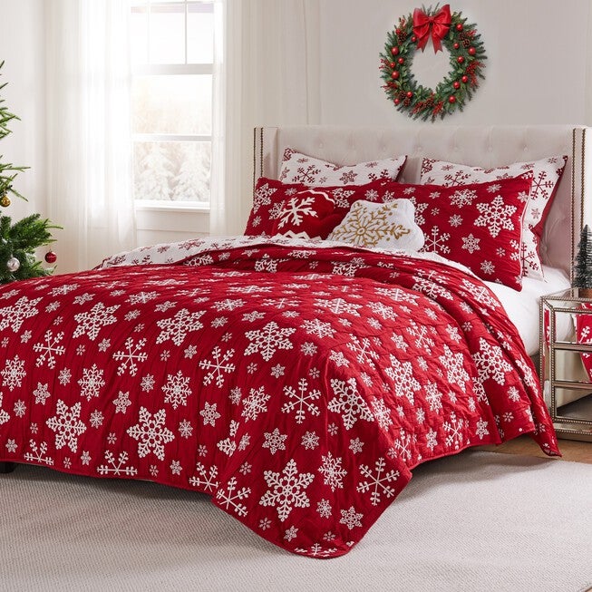 Snowflakes Holiday Matelassé Coverlet Set, Red, 3-Piece King, RED, alternate image number 5