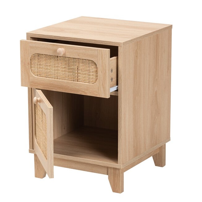 Elsbeth Mid-Century Modern Light Brown Finished Wood And Natural Rattan 1-Drawer End Table, , on-hover image number null
