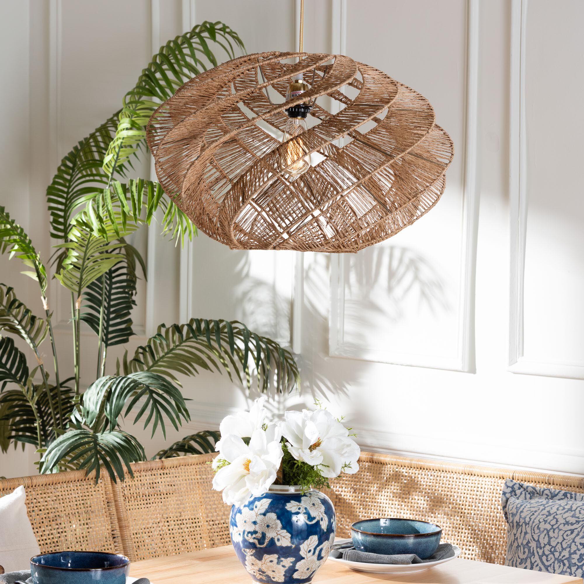 Enola Handwoven Jute Pendant Lampshade - Boho Chic Ceiling Light Cover with Twisted Spiral Design, BROWN, alternate image number 2