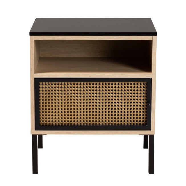 Felton Mid-Century Modern Two-Tone Black And Gold Metal And Light Brown Finished Wood 1-Door End Table, , alternate image number null