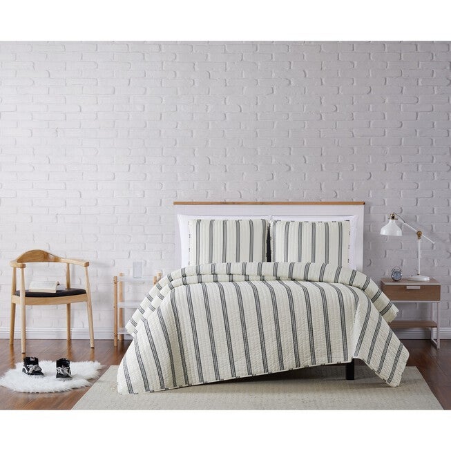 Millenial Stripe 3-Piece Quilt Set, IVORY BLACK, hi-res image number 0