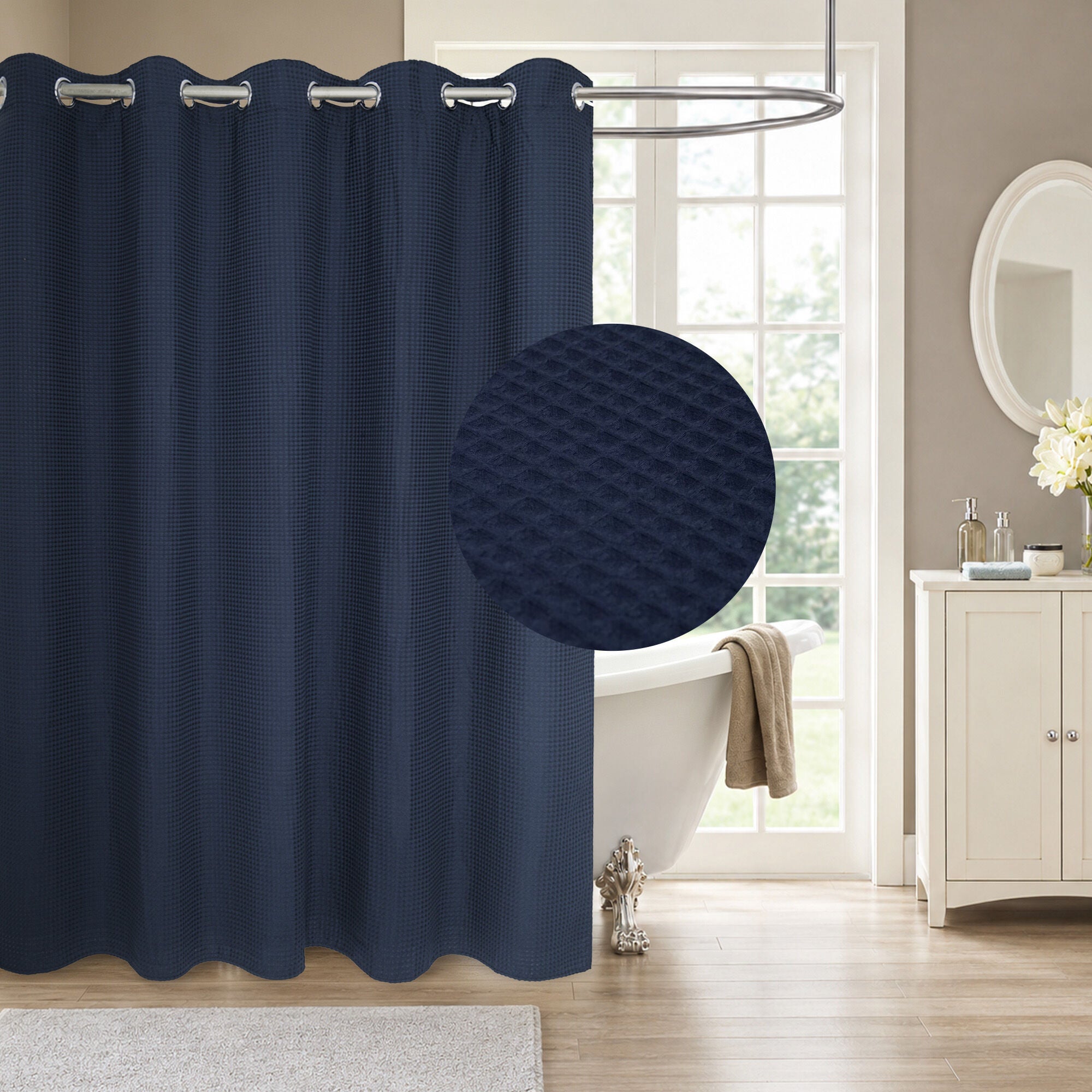 No Hook Cotton Blend Waffle Woven Shower Curtain with Snap-in Liner