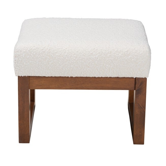 Yashiya Mid-Century Modern Off-White Boucle Upholstered And Walnut Brown Finished Wood Ottoman Footstool, , on-hover image number null