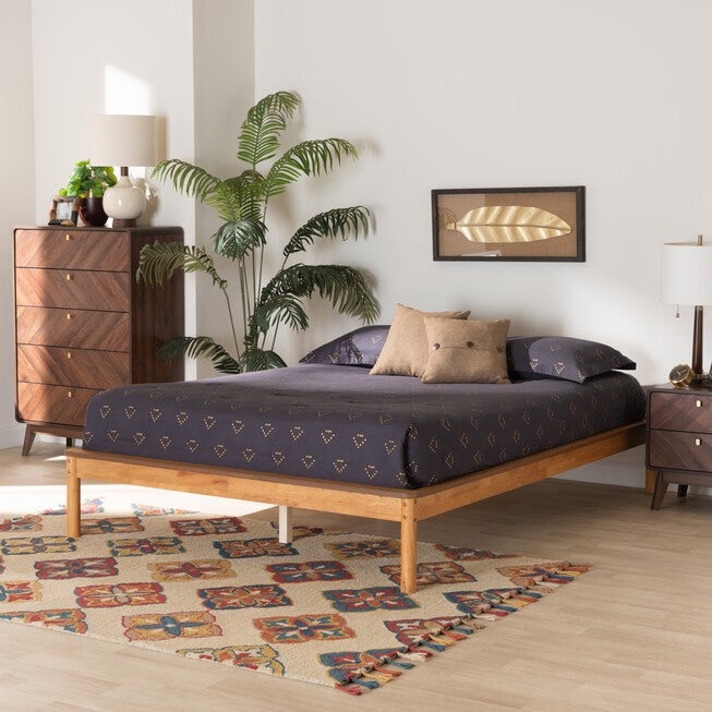 Efren Mid-Century Modern Honey Oak Finished Wood Full Size Bed Frame, , alternate image number null