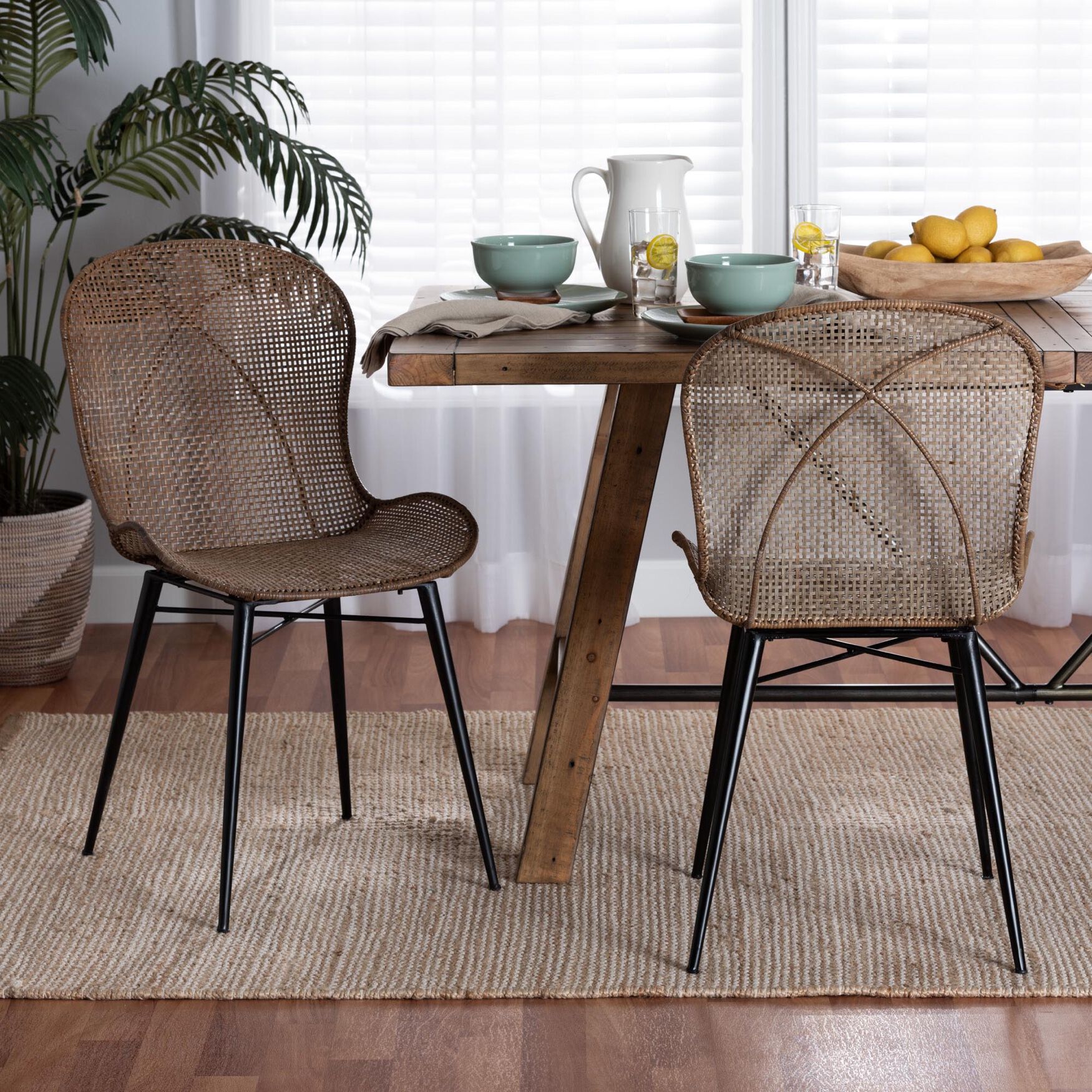 Sabelle Japandi Greywashed Rattan and Black Metal 2-Piece Dining Chair Set, , alternate image number 12