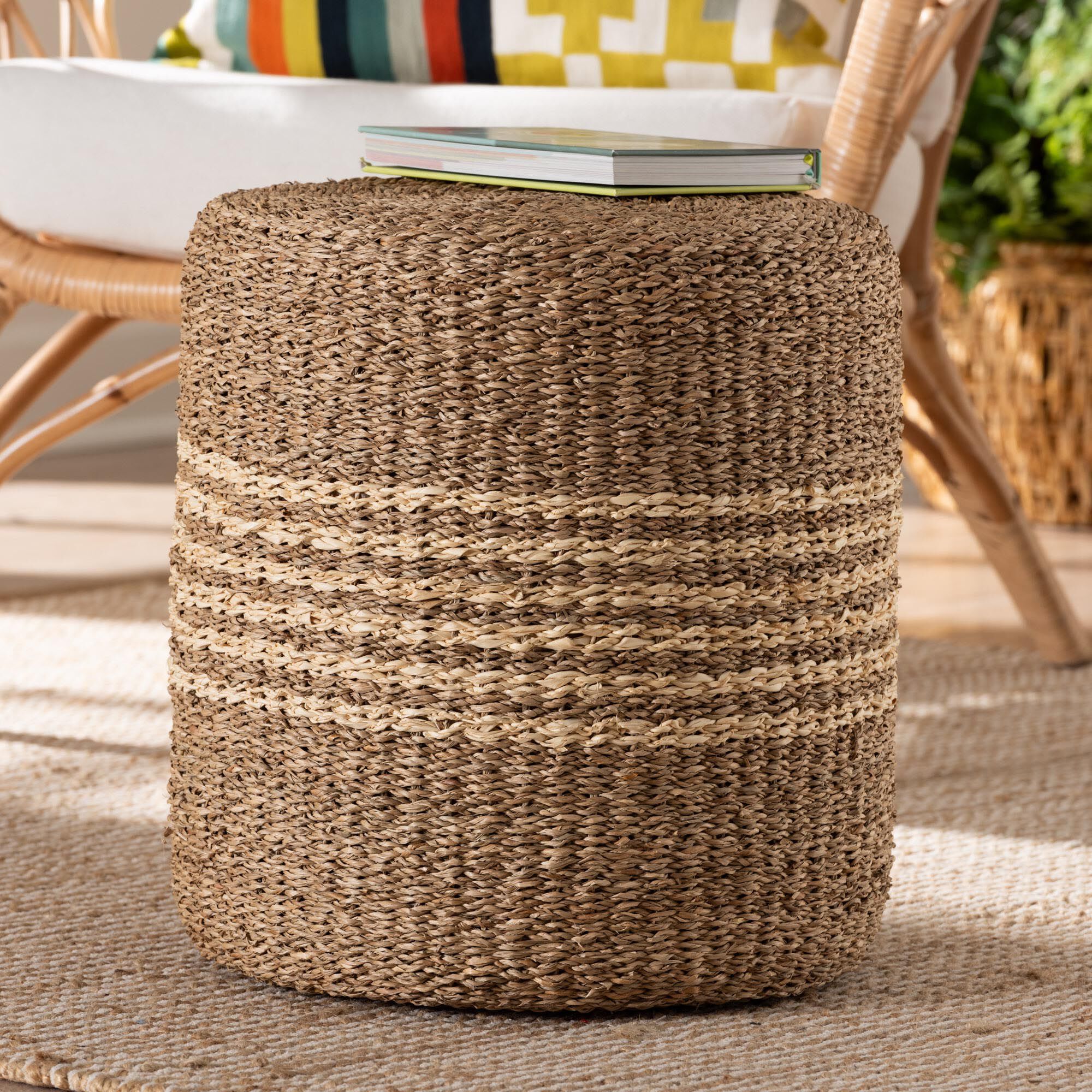 Wickham Modern Bohemian Natural Brown Seagrass Ottoman Footstool, NATURAL BROWN, alternate image number 6