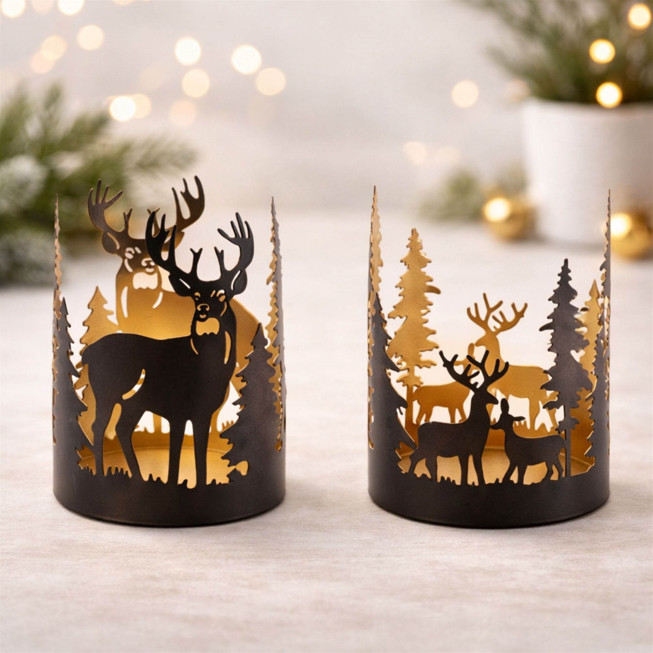 Cut Metal Deer and Forest Candle Holder (Set of 2), BLACK GOLD, alternate image number 1