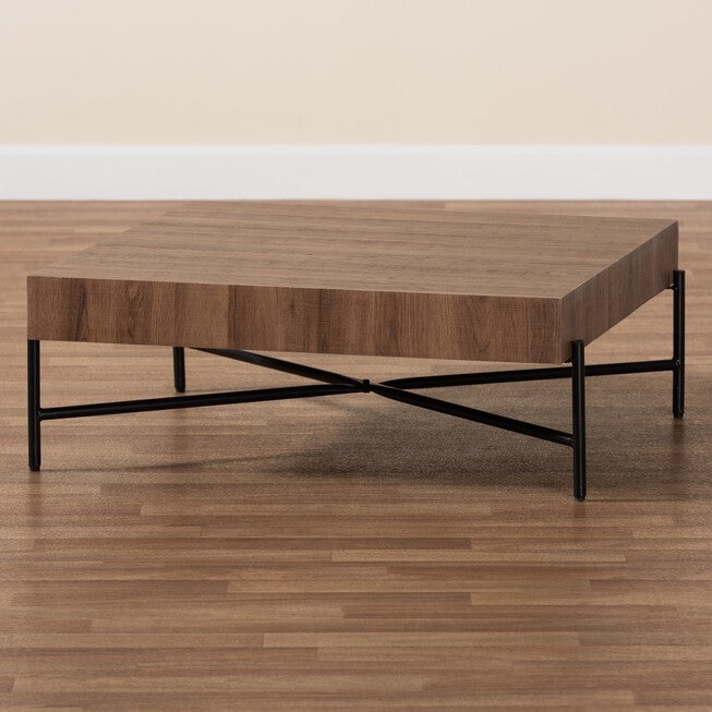 Savion Modern Industrial Walnut Brown Finished Wood And Black Metal Coffee Table, , alternate image number 5