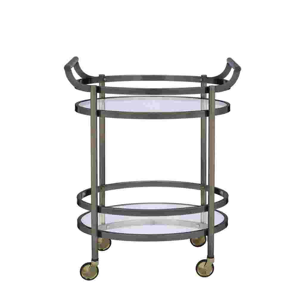 A two-tiered serving cart with a metal frame and glass shelves.