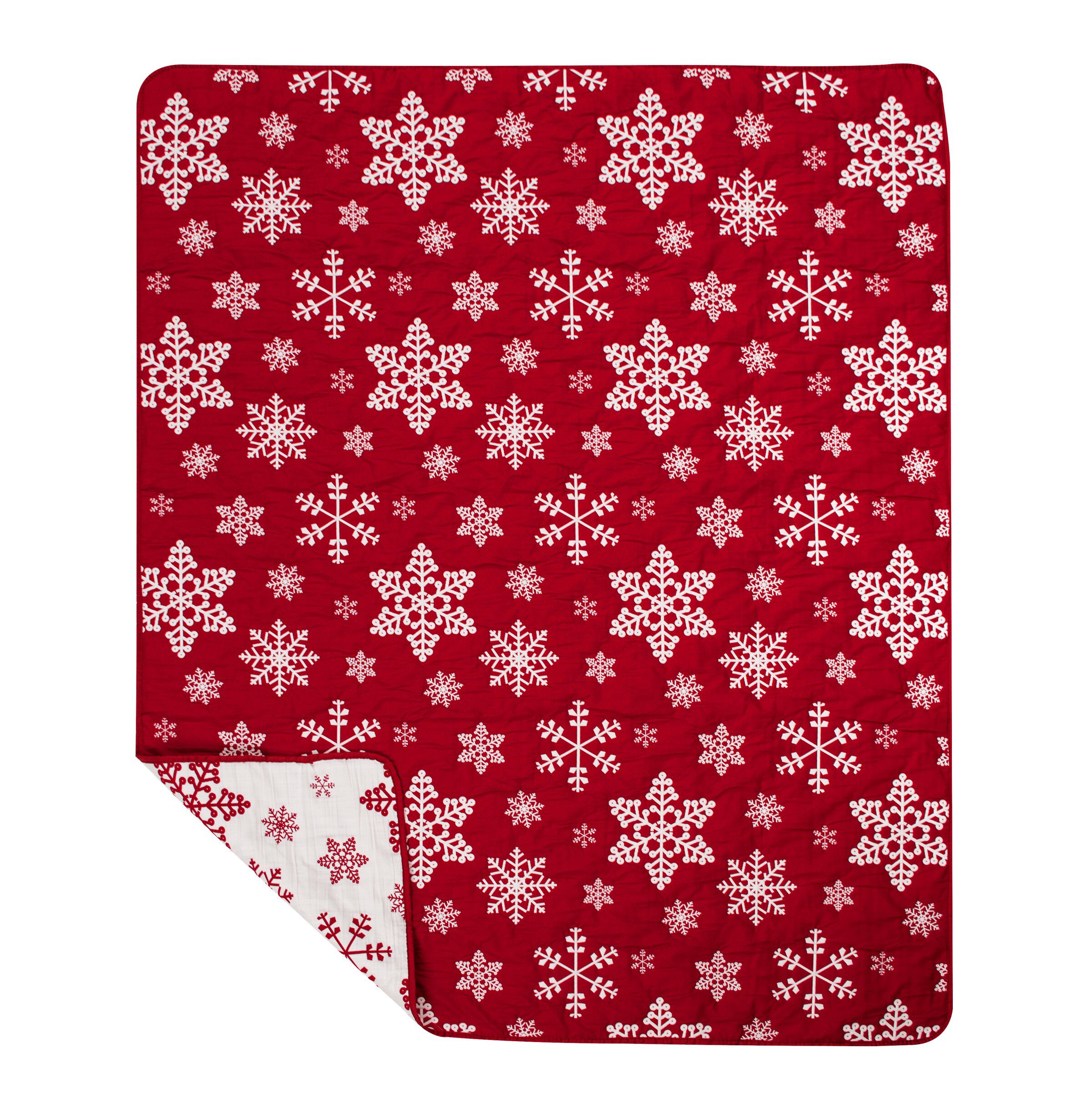 Snowflakes Novelty Holiday Quilted Throw Blanket, RED, alternate image number 2