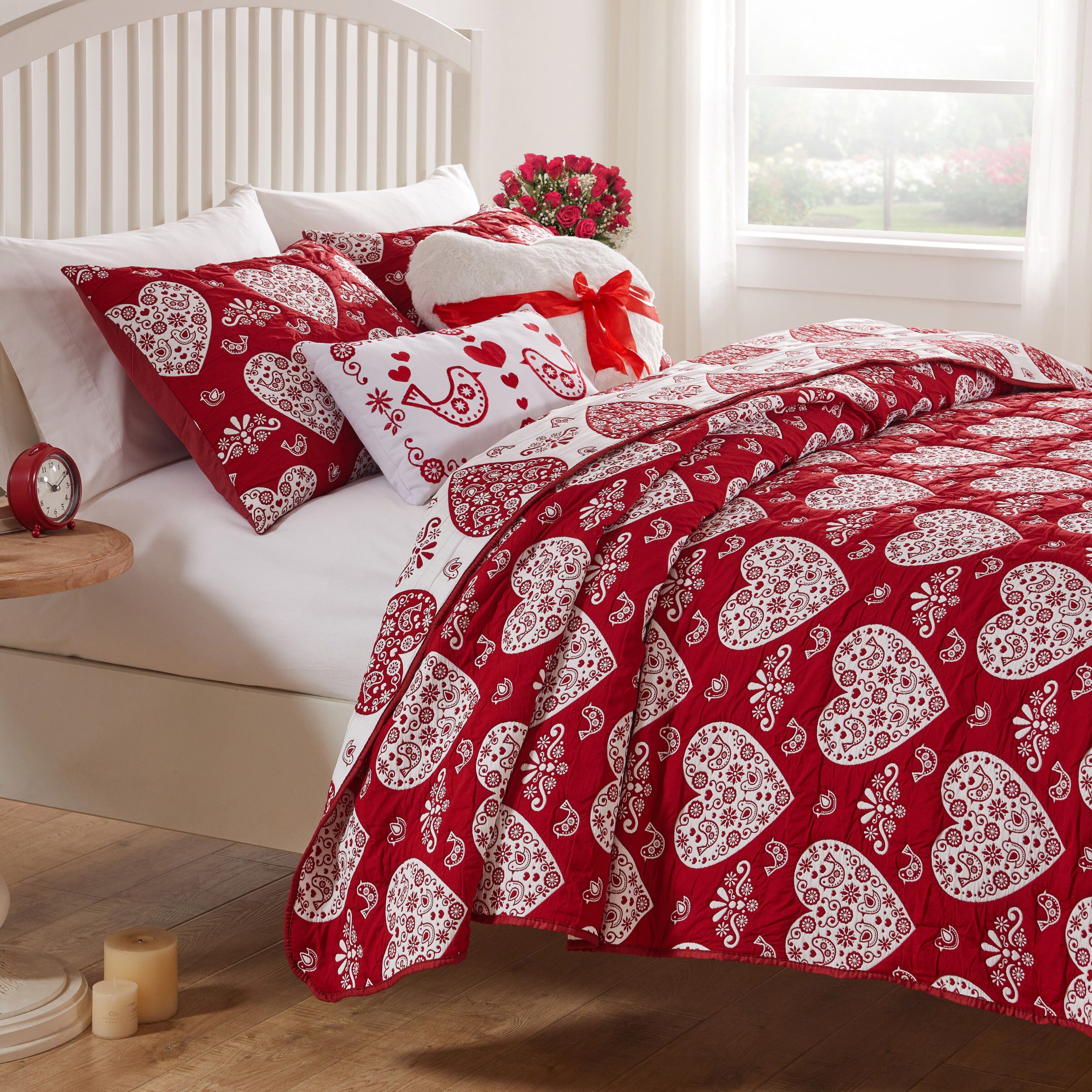 Lovebirds Romantic Hearts Matelassé Coverlet Set, RED, hi-res image number 0