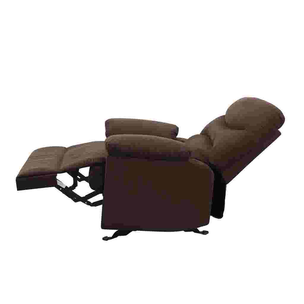 side view of a brown glider recliner in the reclined position