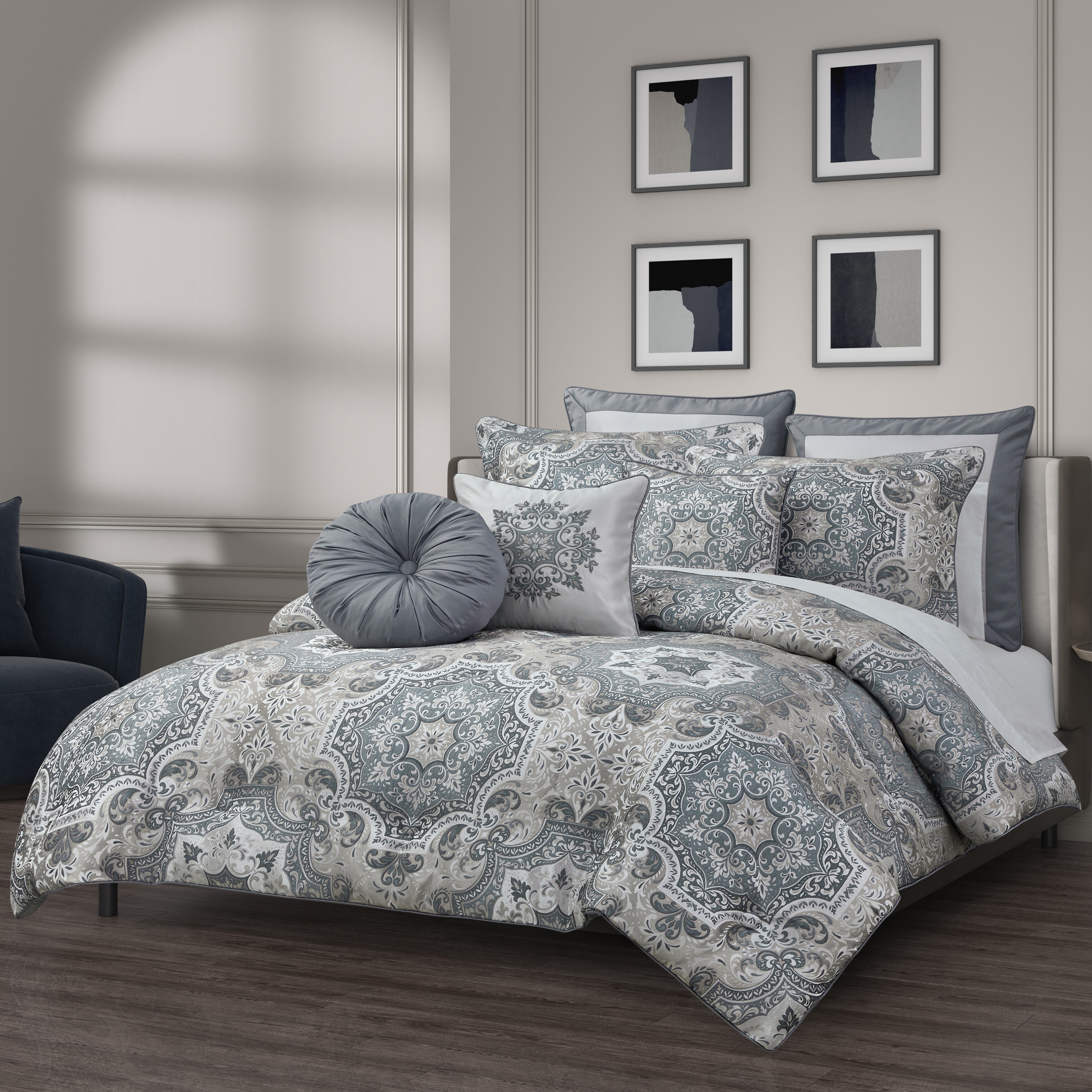 LISBON KING/CAL KING 3PC. COMFORTER SET, SLATE, hi-res image number 0