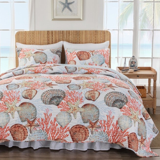 Beach Days Quilt And Pillow Sham Set, CORAL, hi-res image number 0