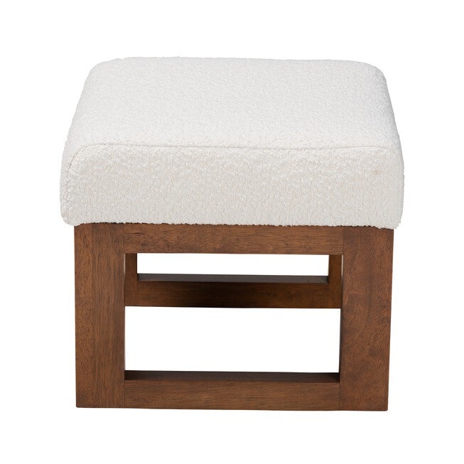 Yashiya Mid-Century Modern Off-White Boucle Upholstered And Walnut Brown Finished Wood Ottoman Footstool, , alternate image number null