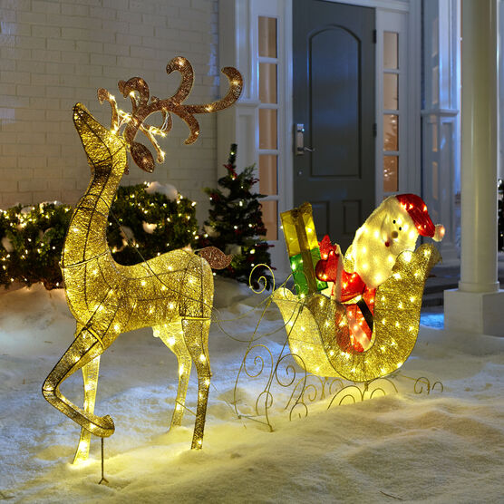Glitter Reindeer With Santa Sleigh Outdoor Christmas Lighted