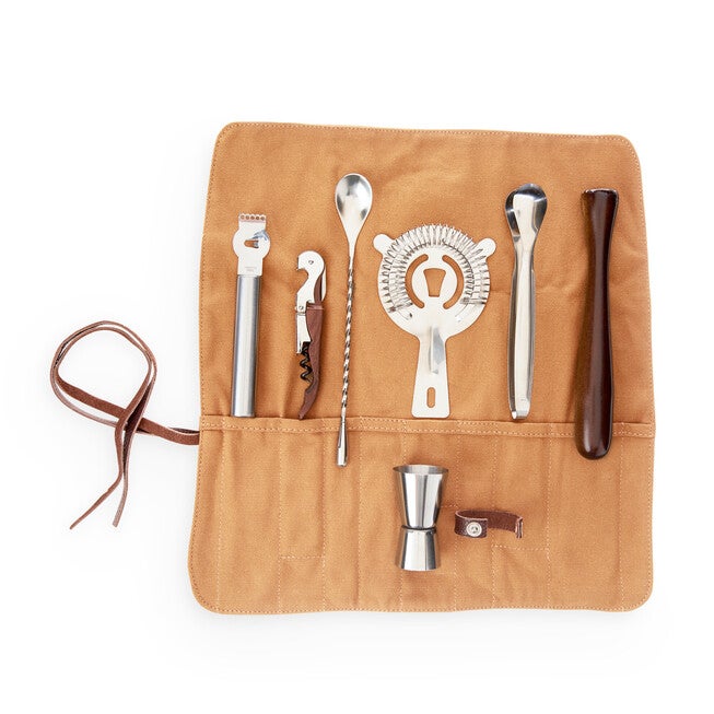 Canvas Roll-Up Cocktail Barware Kit, BROWN, hi-res image number null